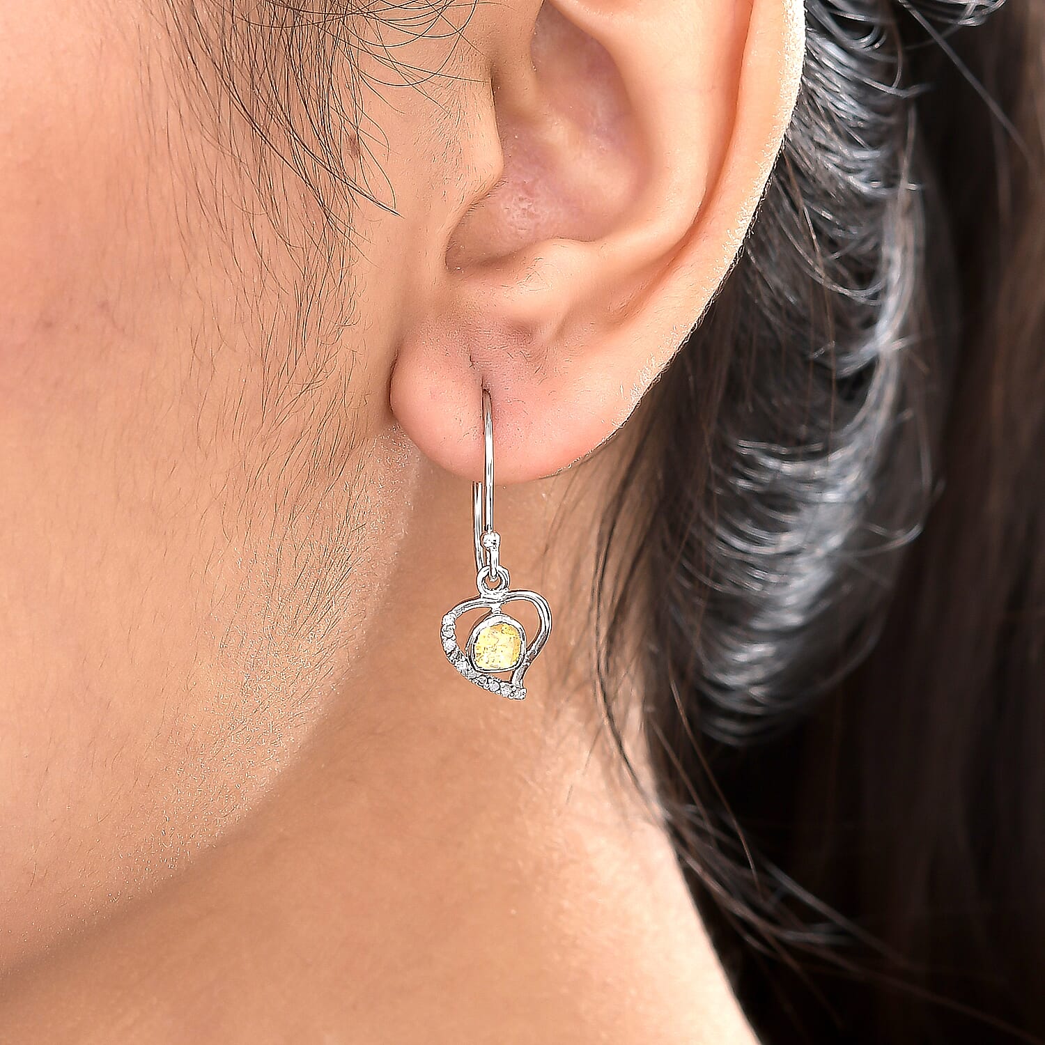 Artisan Crafted Polki Yellow Diamond and White Diamond Earrings (with Hook) in Platinum Overlay Sterling Silver 0.38 Ct.
