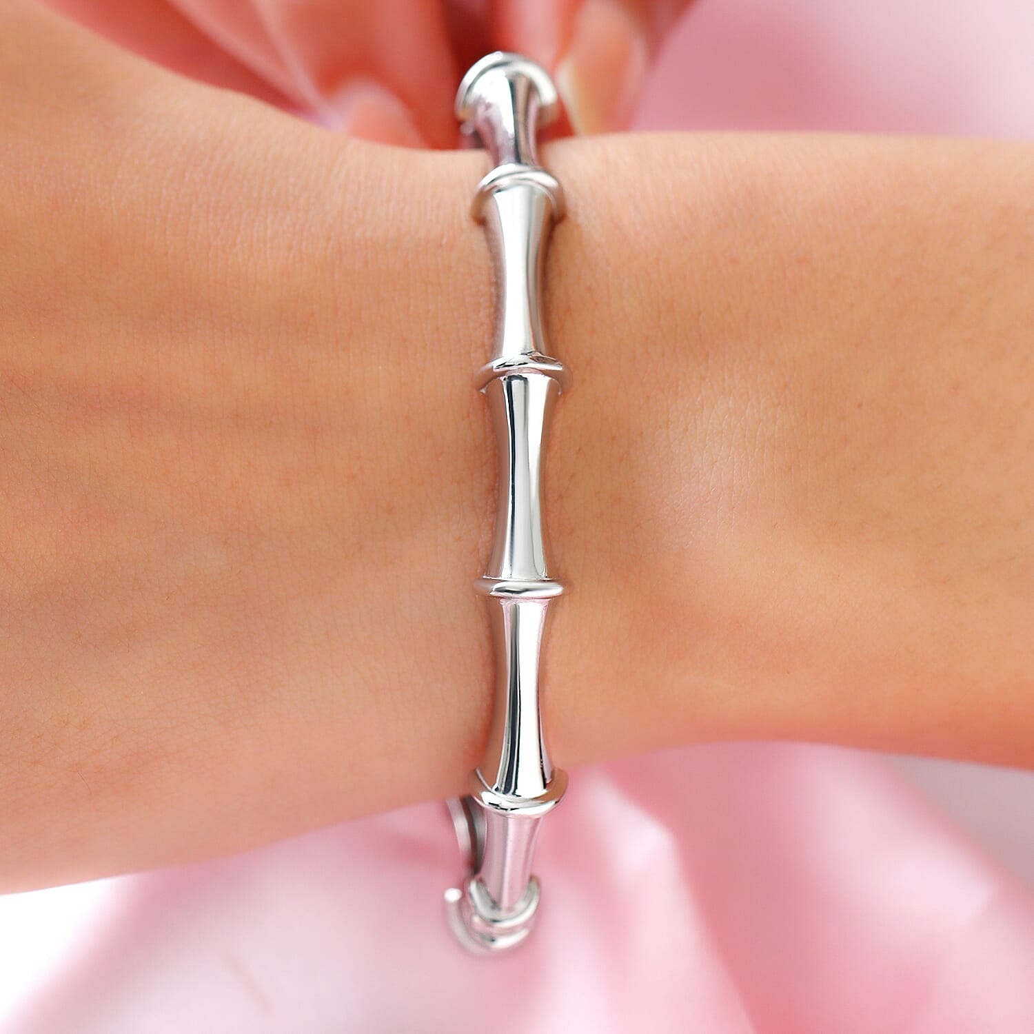 Sundays Child Platinum Overlay Sterling Silver Bamboo Inspired Bangle (Size 7.5), Silver Wt. 18.50 Gms