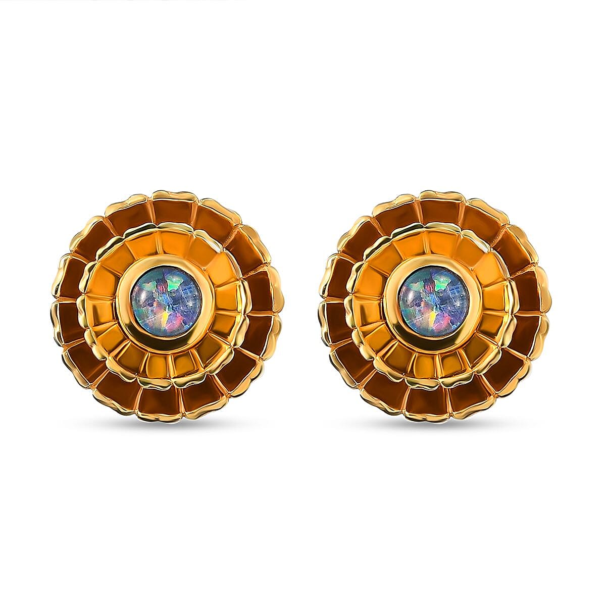 Australian Boulder Opal Triplet  Floral Stud Earrings (With Push Back) in Platinum and Yellow Gold Overlay Sterling Silver