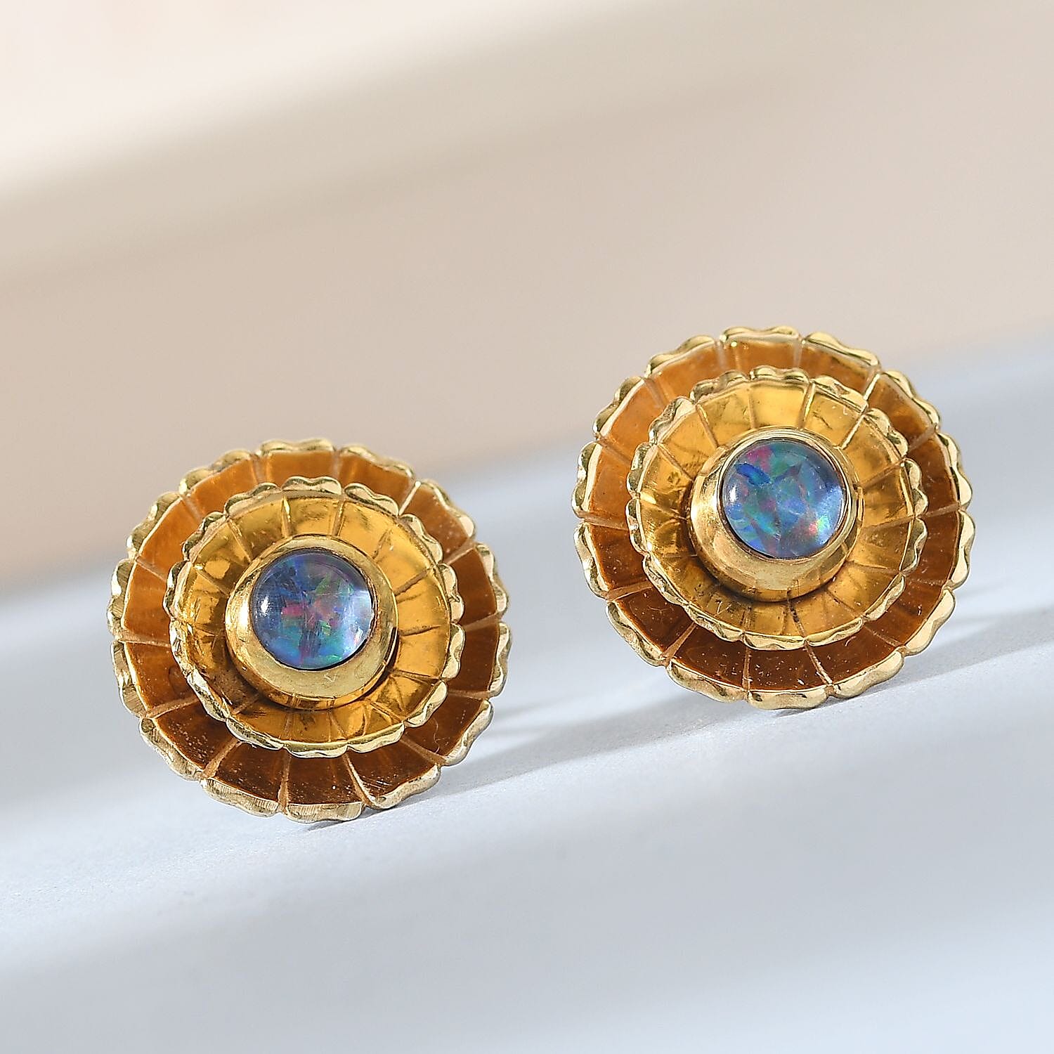 Australian Boulder Opal Triplet  Floral Stud Earrings (With Push Back) in Platinum and Yellow Gold Overlay Sterling Silver