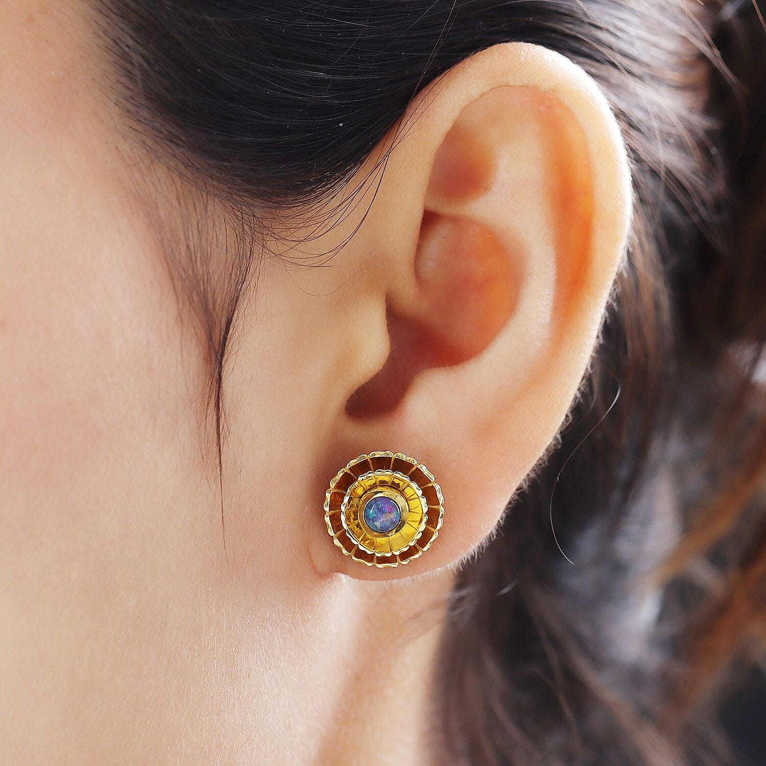 Australian Boulder Opal Triplet  Floral Stud Earrings (With Push Back) in Platinum and Yellow Gold Overlay Sterling Silver