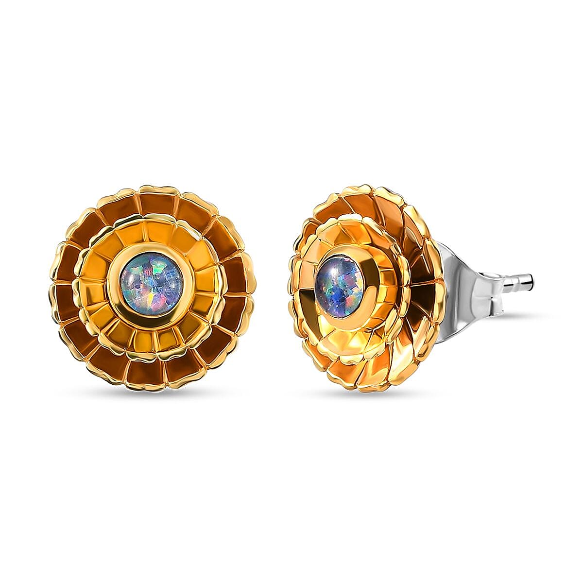 Australian Boulder Opal Triplet  Floral Stud Earrings (With Push Back) in Platinum and Yellow Gold Overlay Sterling Silver