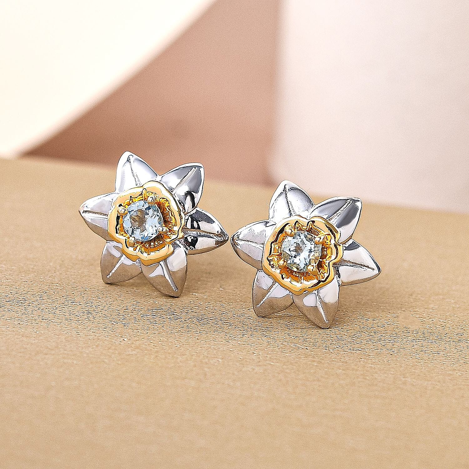 Aquamarine Floral Earrings (with Push Back) in Platinum and Gold Overlay Sterling Silver