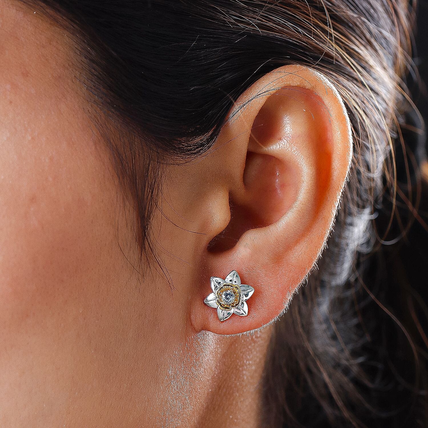 Aquamarine Floral Earrings (with Push Back) in Platinum and Gold Overlay Sterling Silver