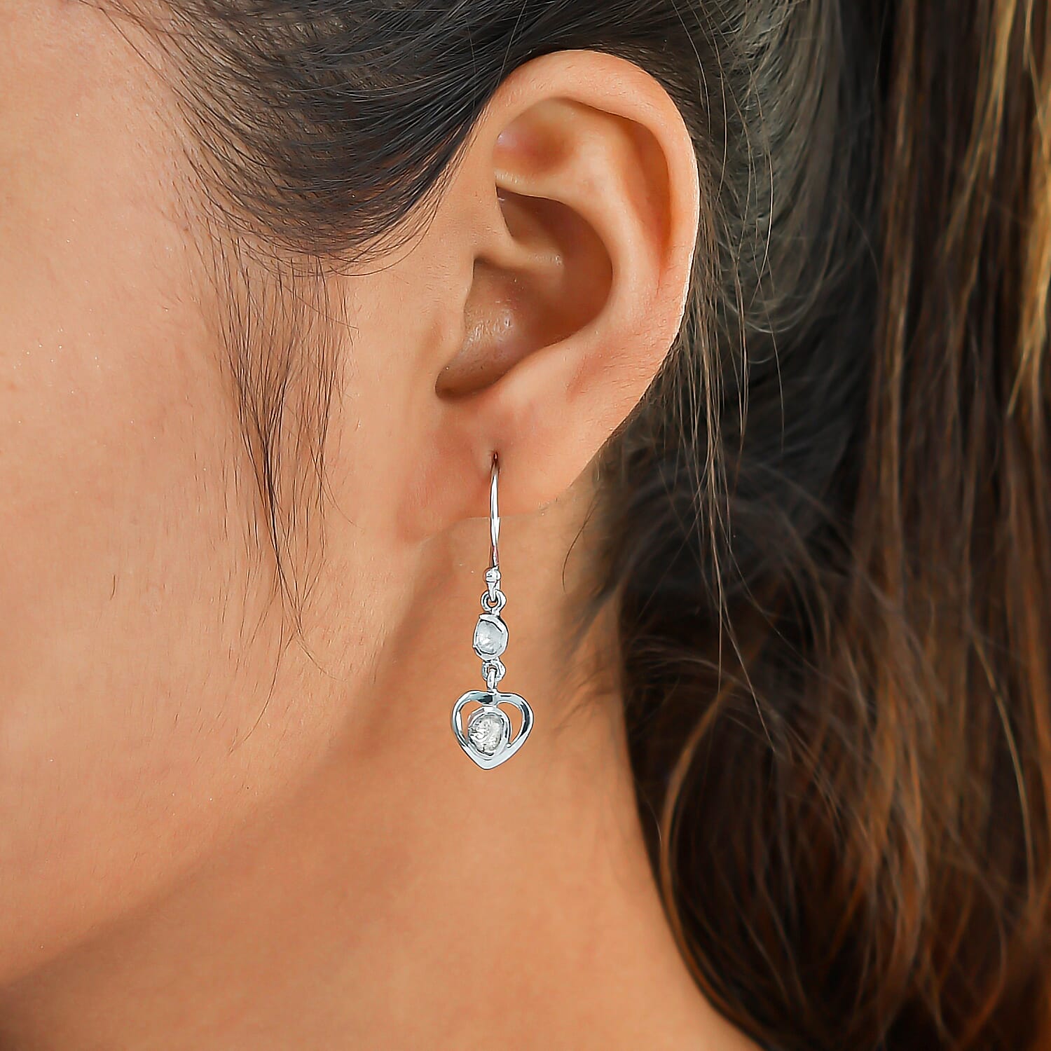 Artisan Crafted Polki Diamond Heart Earrings (With Hook) in Platinum Overlay Sterling Silver 0.32 Ct.