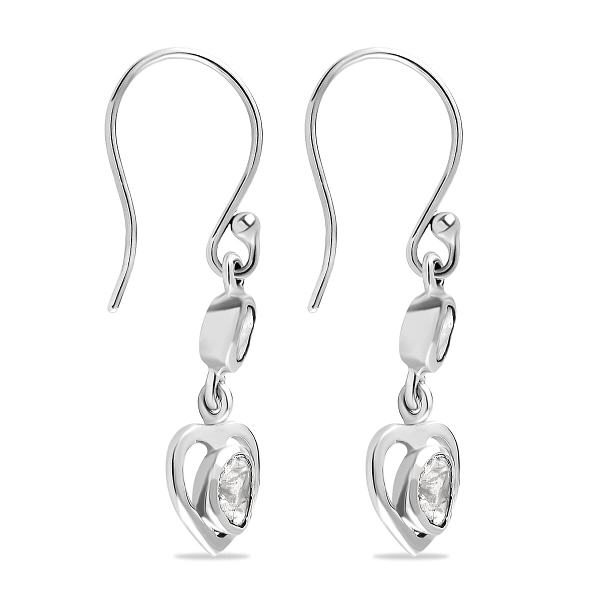 Artisan Crafted Polki Diamond Heart Earrings (With Hook) in Platinum Overlay Sterling Silver 0.32 Ct.