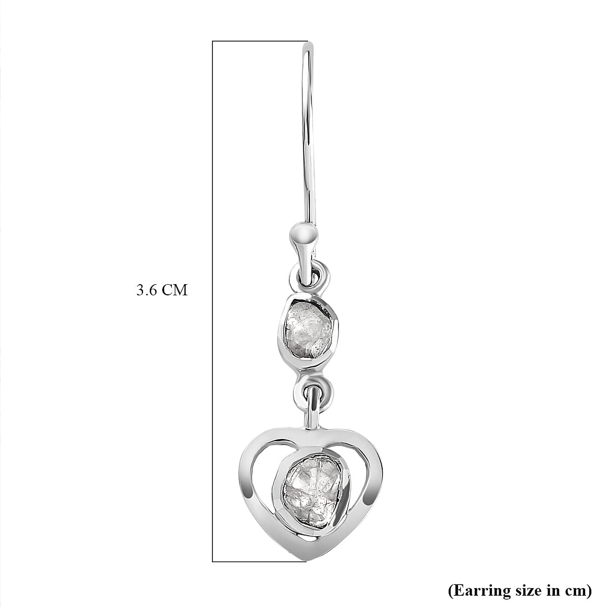 Artisan Crafted Polki Diamond Heart Earrings (With Hook) in Platinum Overlay Sterling Silver 0.32 Ct.