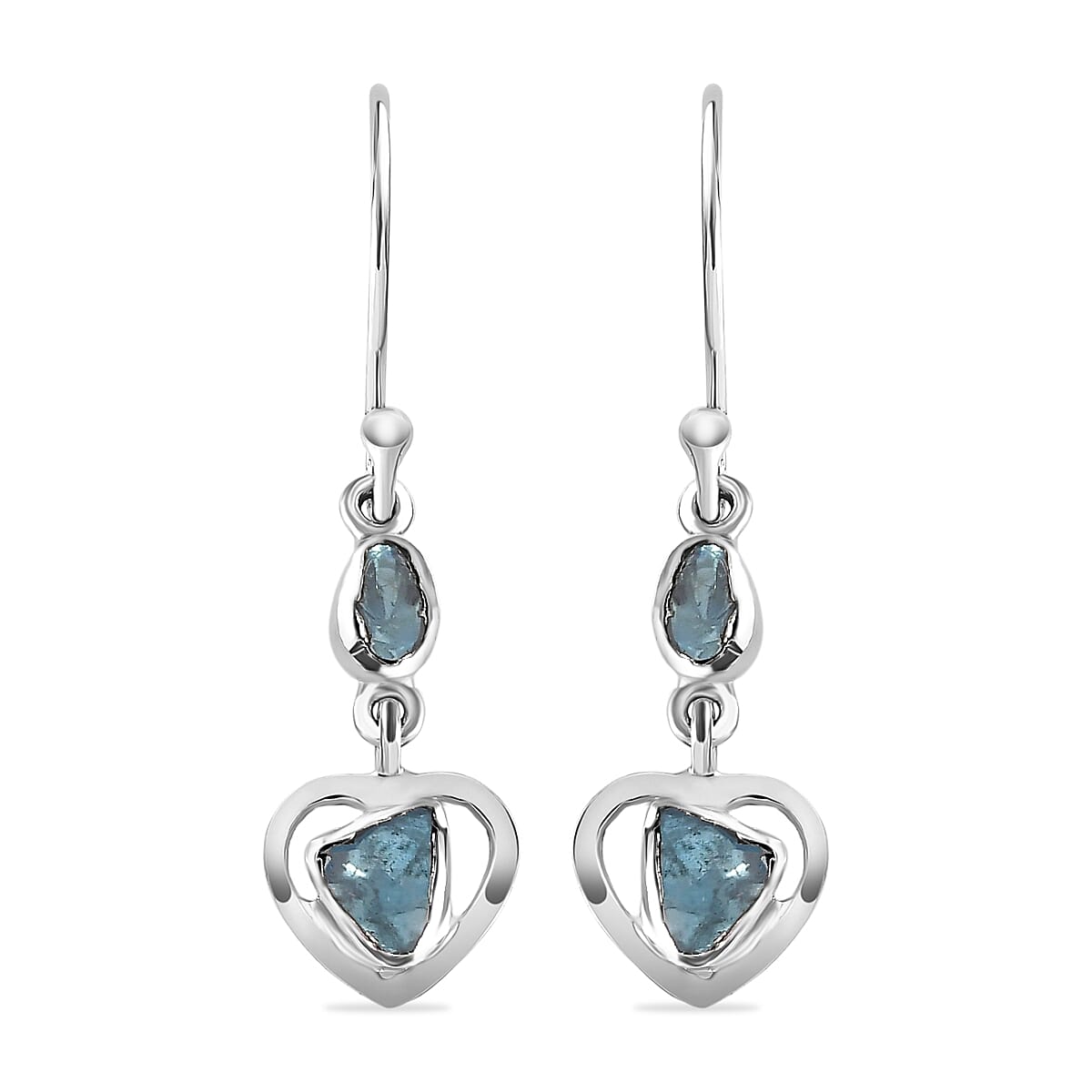 Artisan Crafted Polki Blue Diamond Heart Earrings (With Hook) in Platinum Overlay Sterling Silver 0.32 Ct.