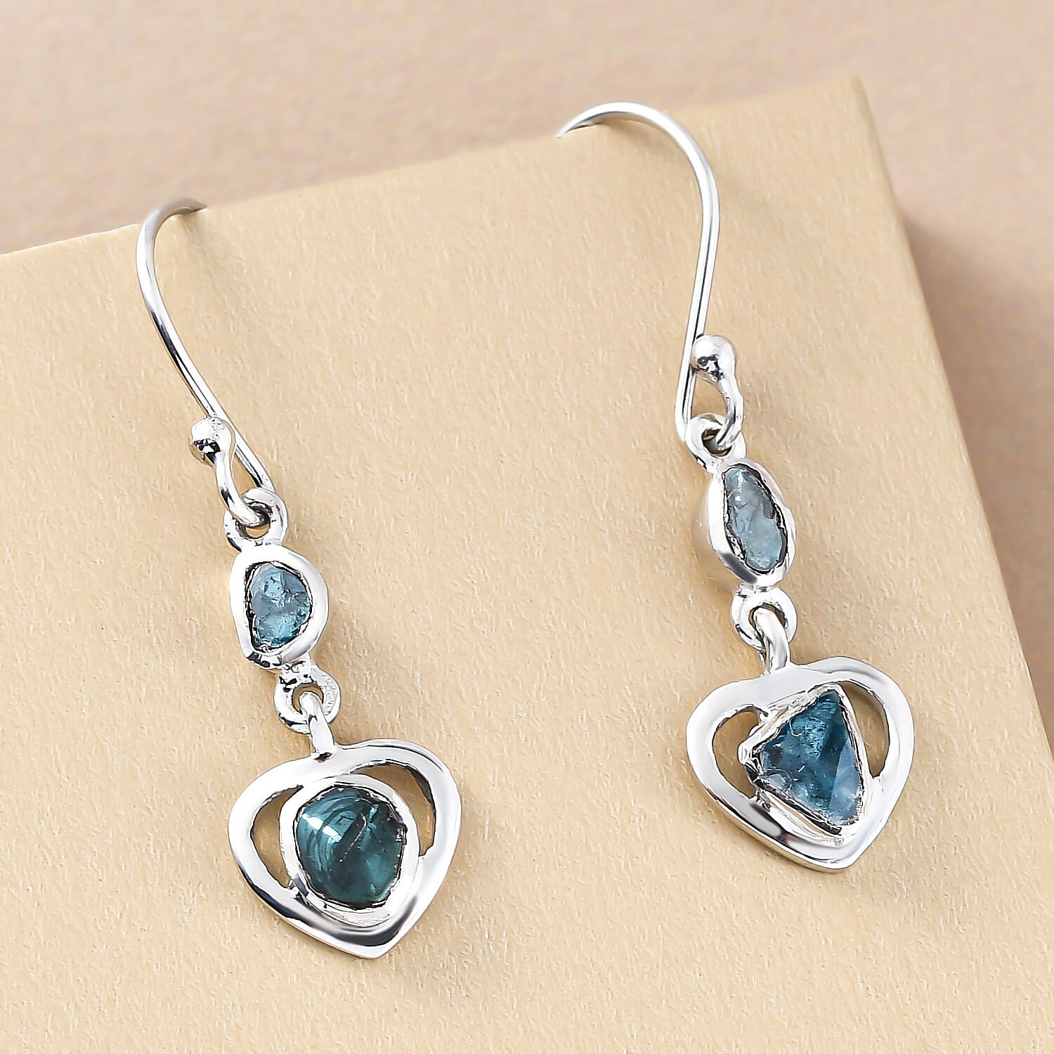 Artisan Crafted Polki Blue Diamond Heart Earrings (With Hook) in Platinum Overlay Sterling Silver 0.32 Ct.