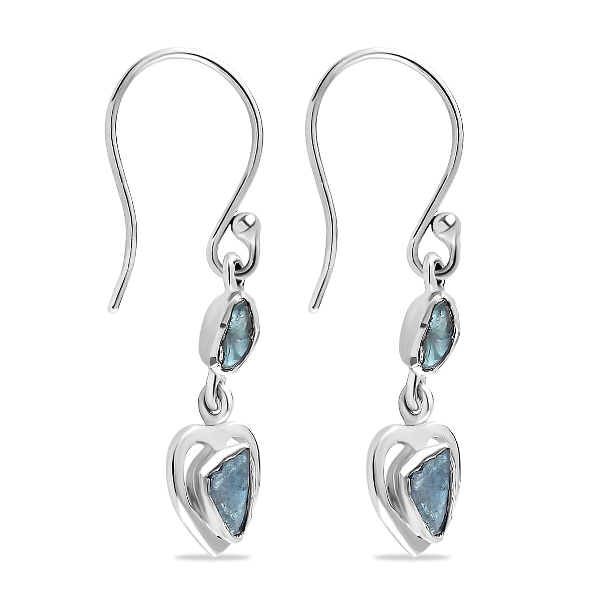 Artisan Crafted Polki Blue Diamond Heart Earrings (With Hook) in Platinum Overlay Sterling Silver 0.32 Ct.