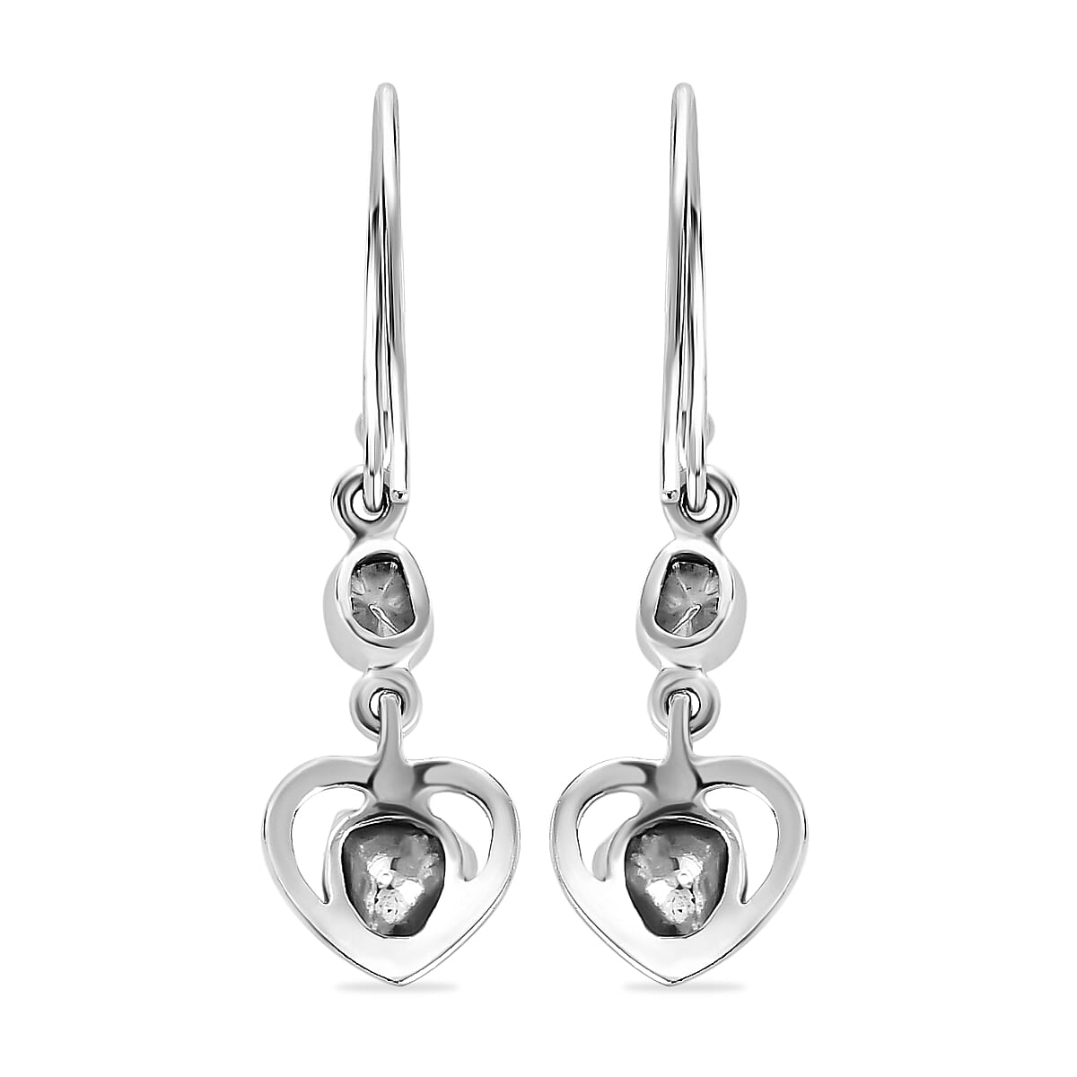 Artisan Crafted Polki Blue Diamond Heart Earrings (With Hook) in Platinum Overlay Sterling Silver 0.32 Ct.