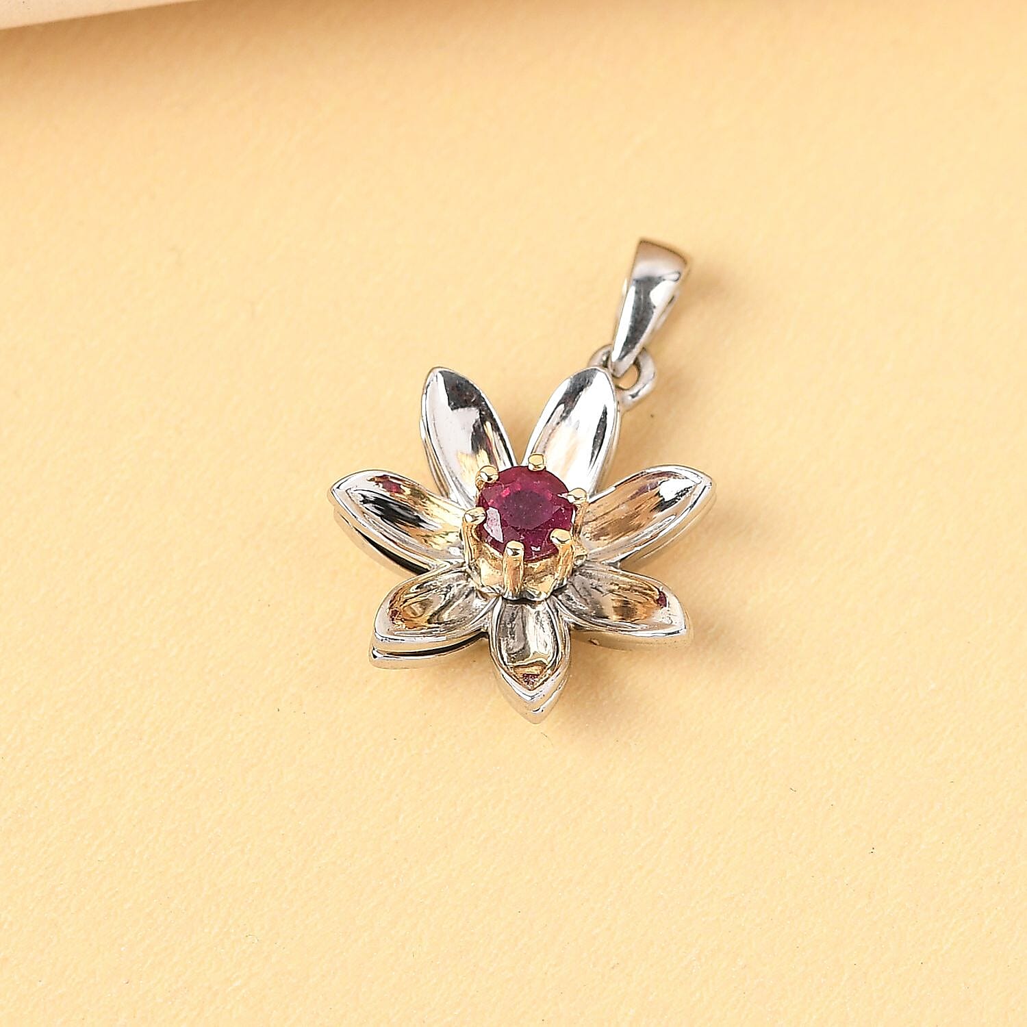 African Ruby (FF) Floral Pendant in Platinum and Gold Overlay Sterling Silver