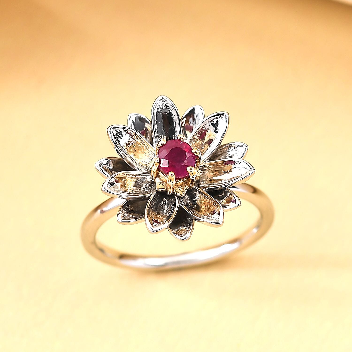 African Ruby (FF) Floral Ring in Platinum and Yellow Gold Overlay Sterling Silver