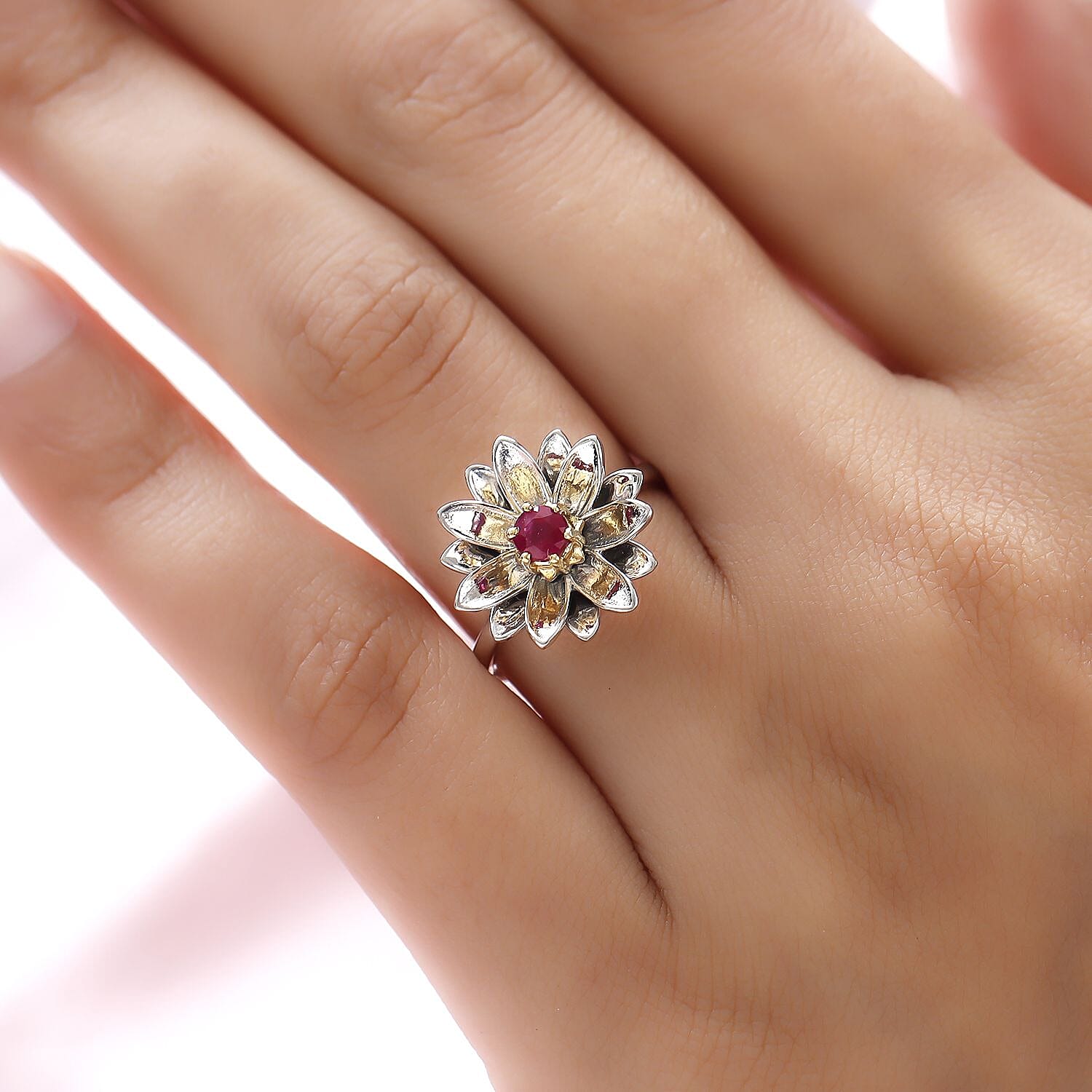 African Ruby (FF) Floral Ring in Platinum and Yellow Gold Overlay Sterling Silver