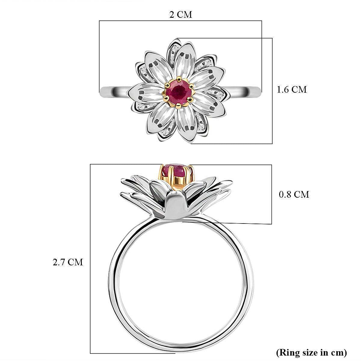 African Ruby (FF) Floral Ring in Platinum and Yellow Gold Overlay Sterling Silver