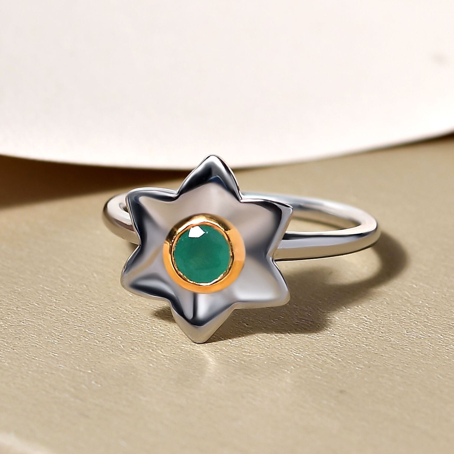 Kagem Zambian Emerald Floral Ring in Platinum and Gold Overlay Sterling Silver