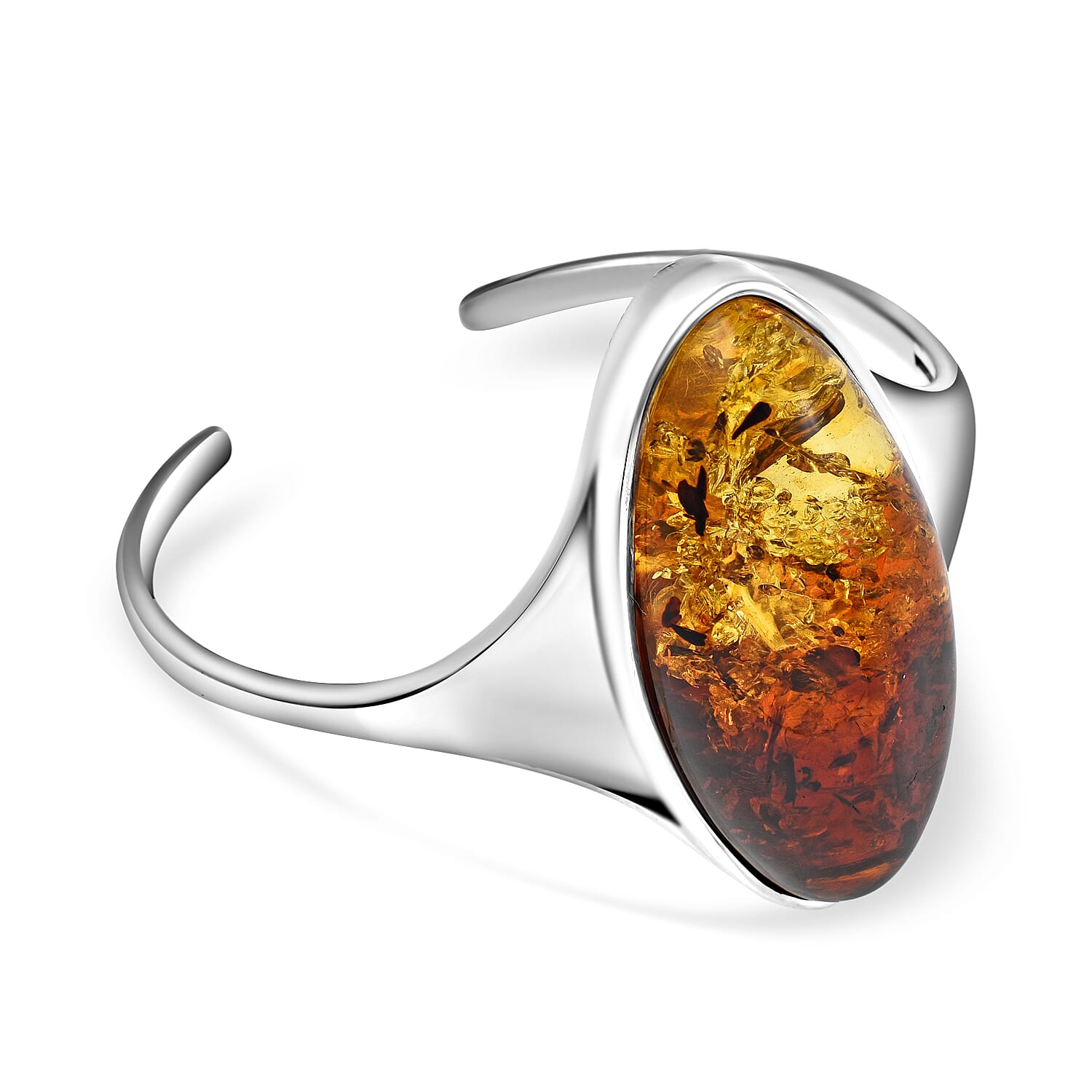 Tucson Special - Natural Baltic Amber Cuff Bangle (Size 7.5) in Sterling Silver, Silver Wt. 31.50 Gms