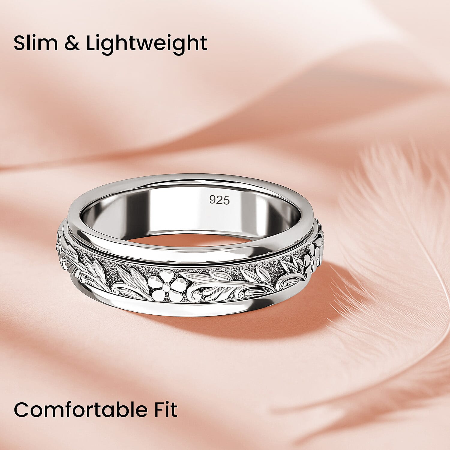 Sterling Silver Fidget Spinner Band Anxiety Stress Reliever Ring for Men and Women