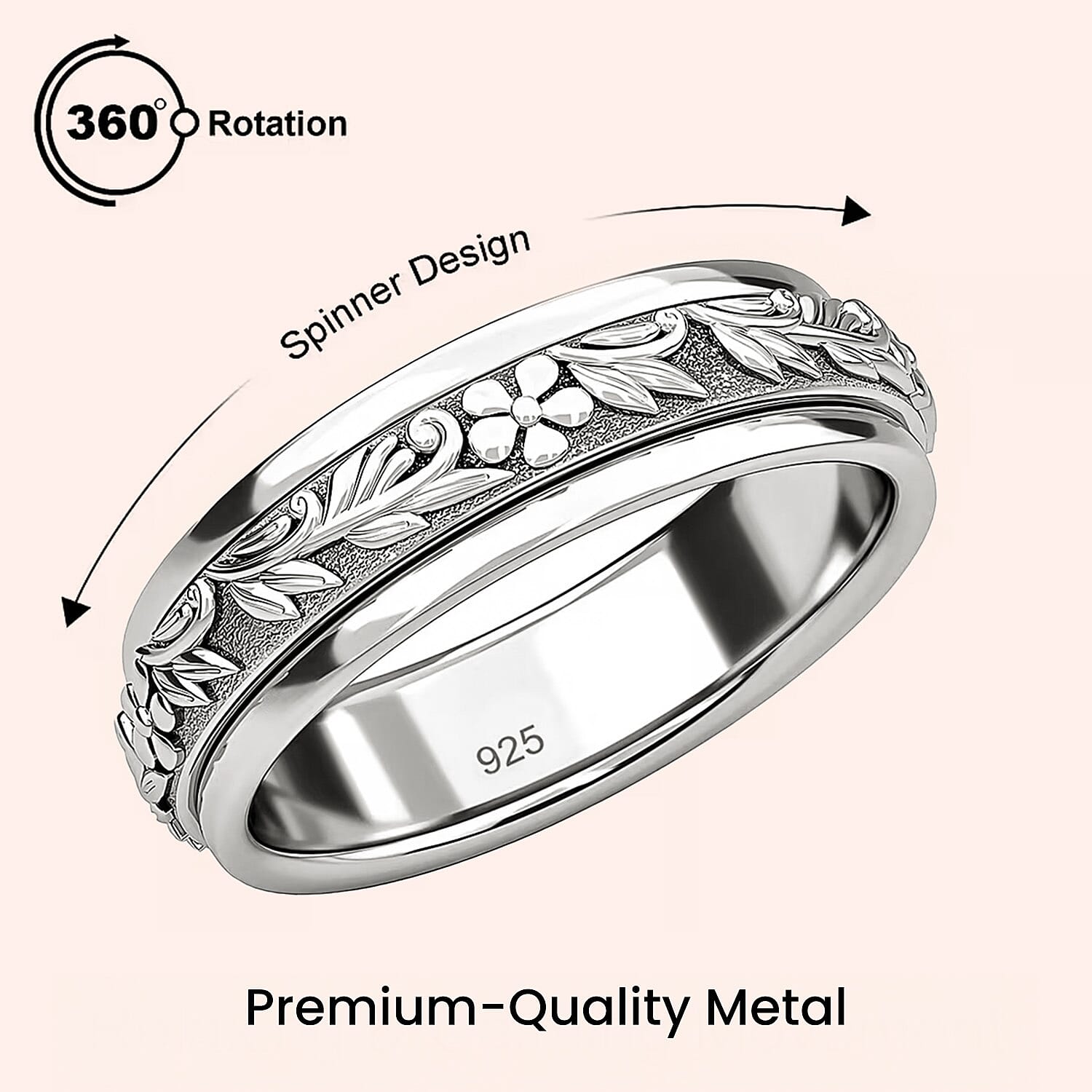 Sterling Silver Fidget Spinner Band Anxiety Stress Reliever Ring for Men and Women