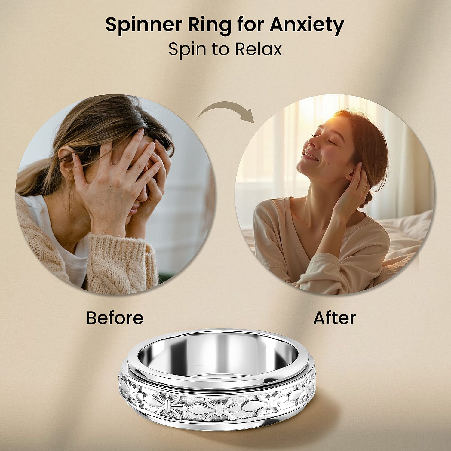 Sterling Silver Fidget Spinner Band Anxiety Stress Reliever Ring for Men and Women