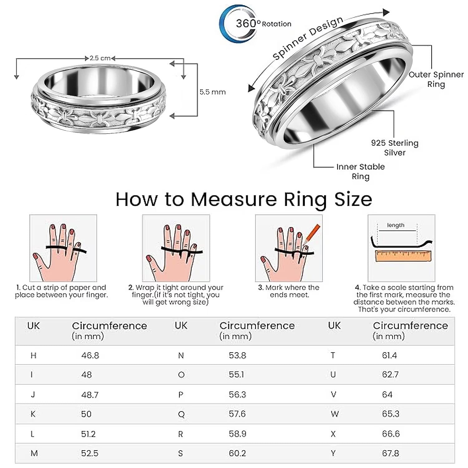 Sterling Silver Fidget Spinner Band Anxiety Stress Reliever Ring for Men and Women