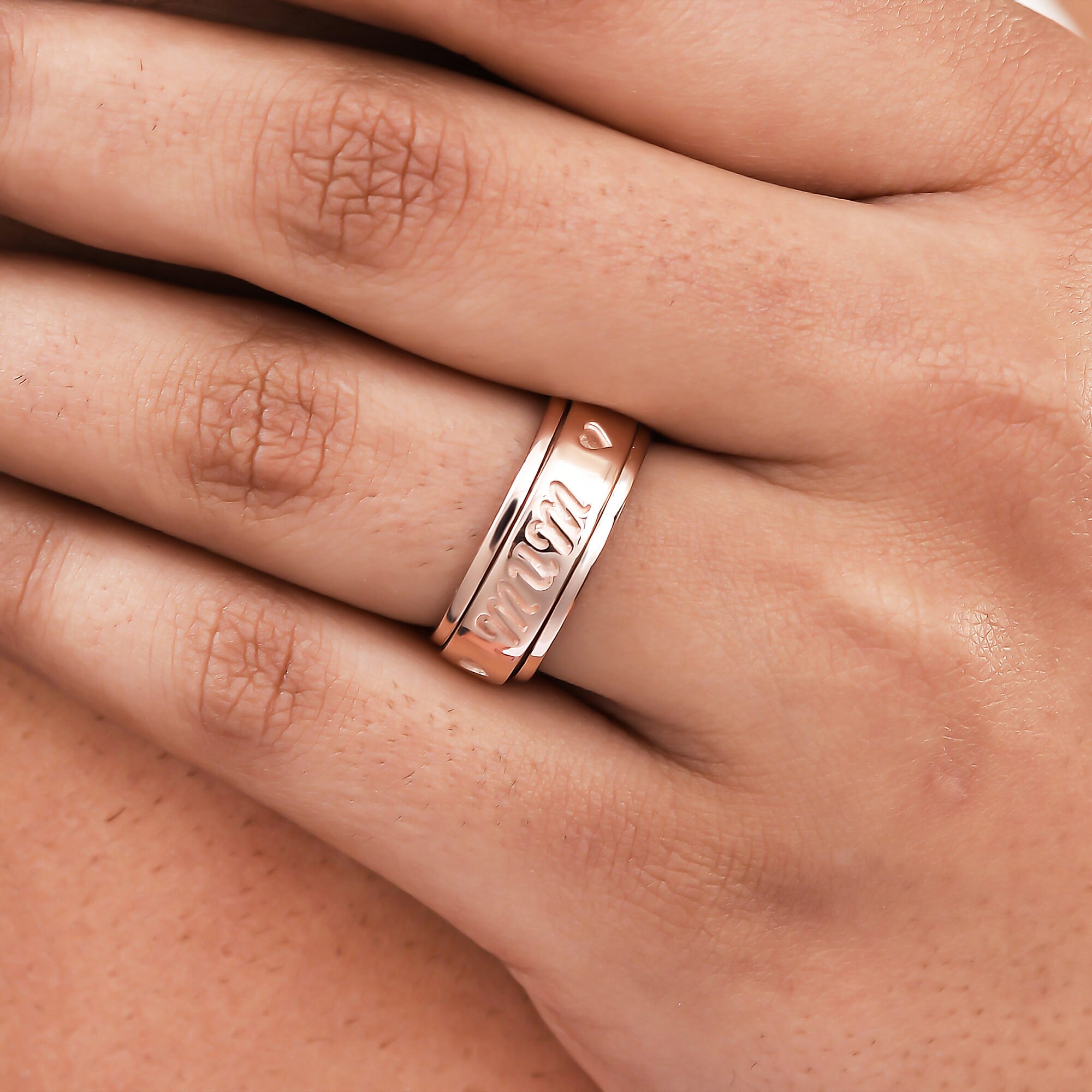 Rose Gold Overlay Sterling Silver Mum Engraved Spinner Ring.