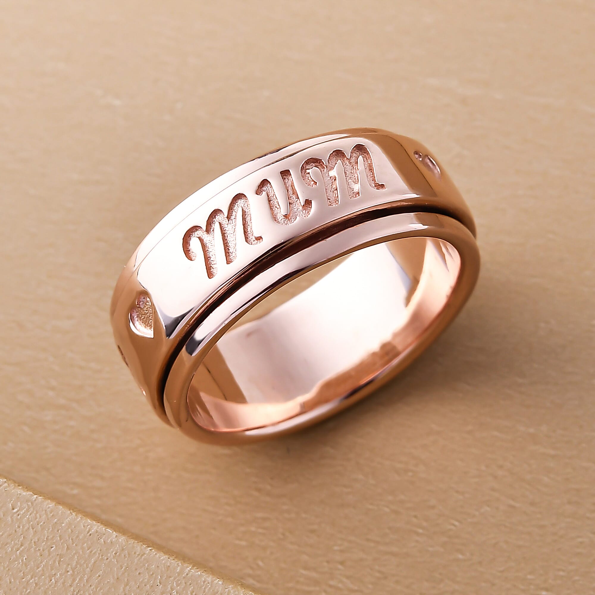 Rose Gold Overlay Sterling Silver Mum Engraved Spinner Ring.