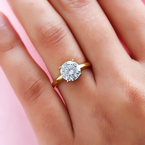 Moissanite Solitaire Ring in 18K Yellow Gold Vermeil Plated Sterling Silver 2.09 Ct