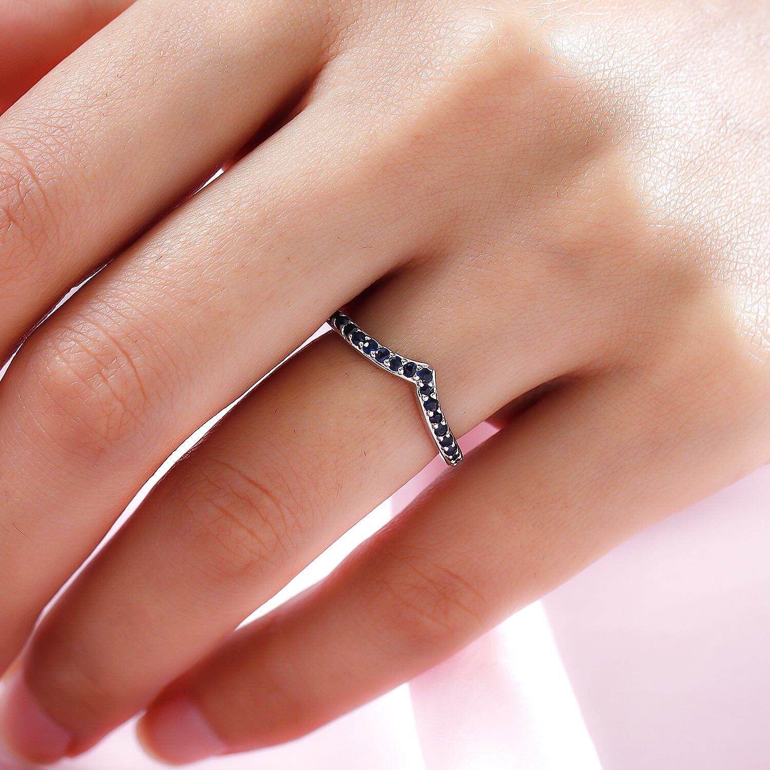 Blue Sapphire Wishbone Ring in Platinum Overlay Sterling Silver