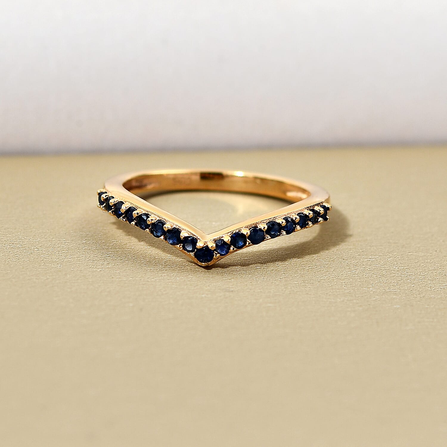 Blue Sapphire Wishbone Ring in 14K Gold Overlay Sterling Silver