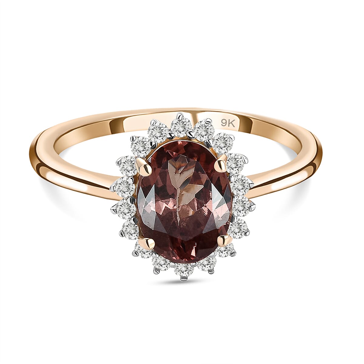 9K Yellow Gold AA Madagascar Colour Change Garnet and Diamond Halo Ring 1.56 Ct.