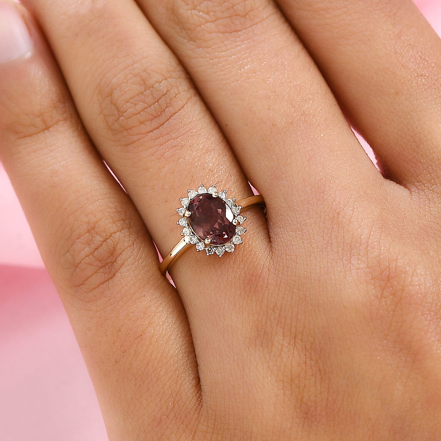 9K Yellow Gold AA Madagascar Colour Change Garnet and Diamond Halo Ring 1.56 Ct.