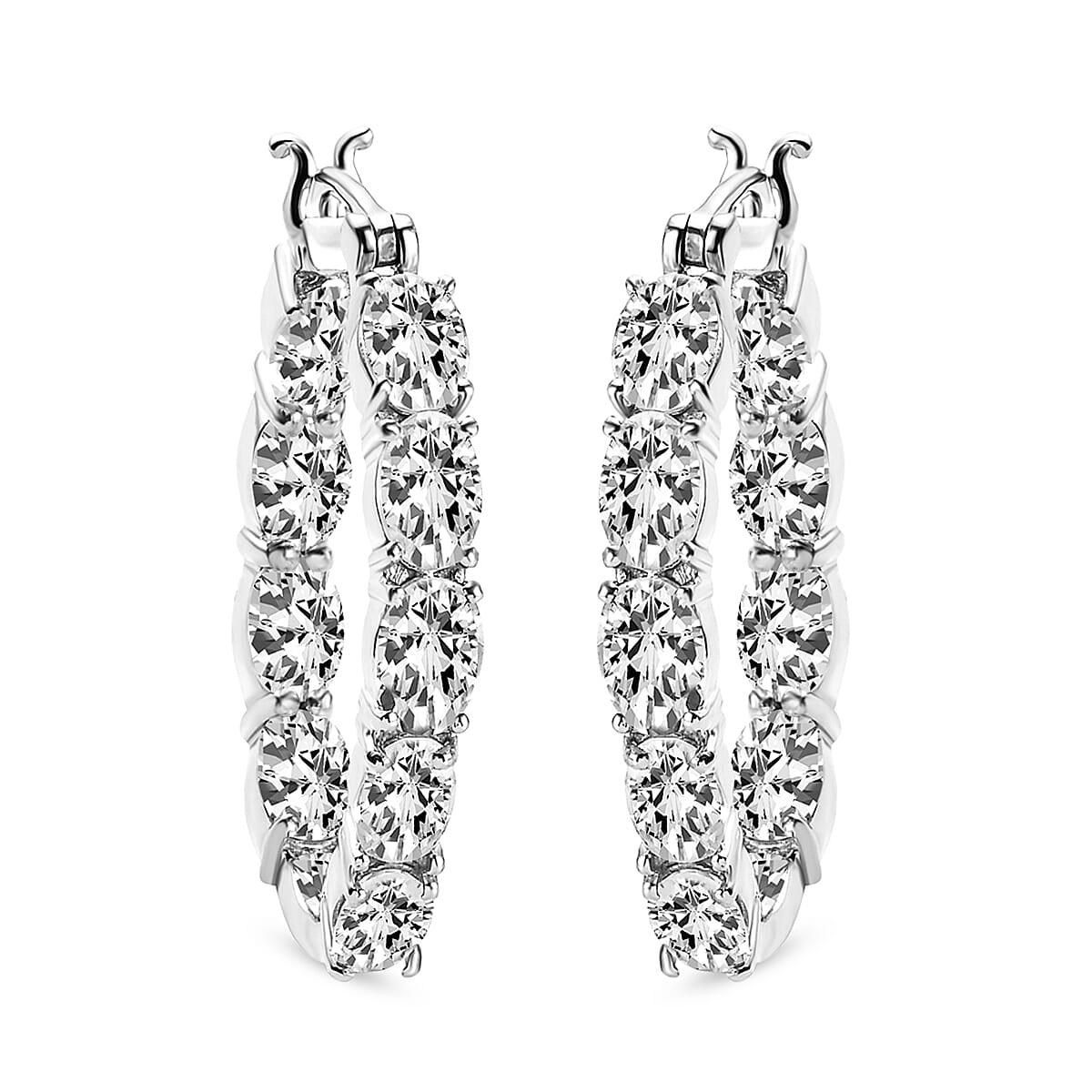 White Topaz Hoop Earrings (with Clasp) in Platinum Overlay Sterling Silver 8.95 Ct, Silver Wt 6.99 Gms.