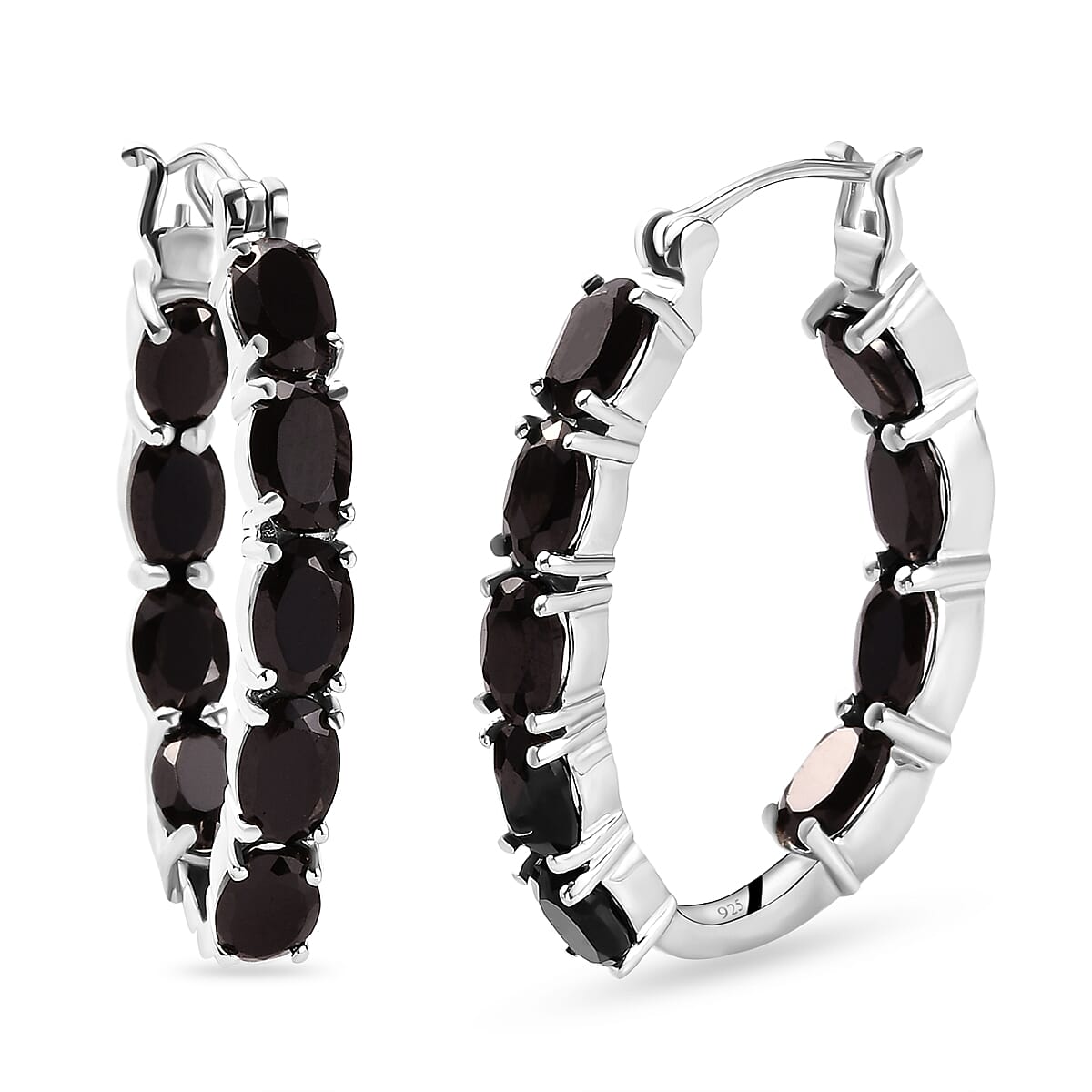Black Spinel Hoop Earrings (with Clasp) in Platinum Overlay Sterling Silver 9.97 Ct, Silver Wt 7.00 Gms.
