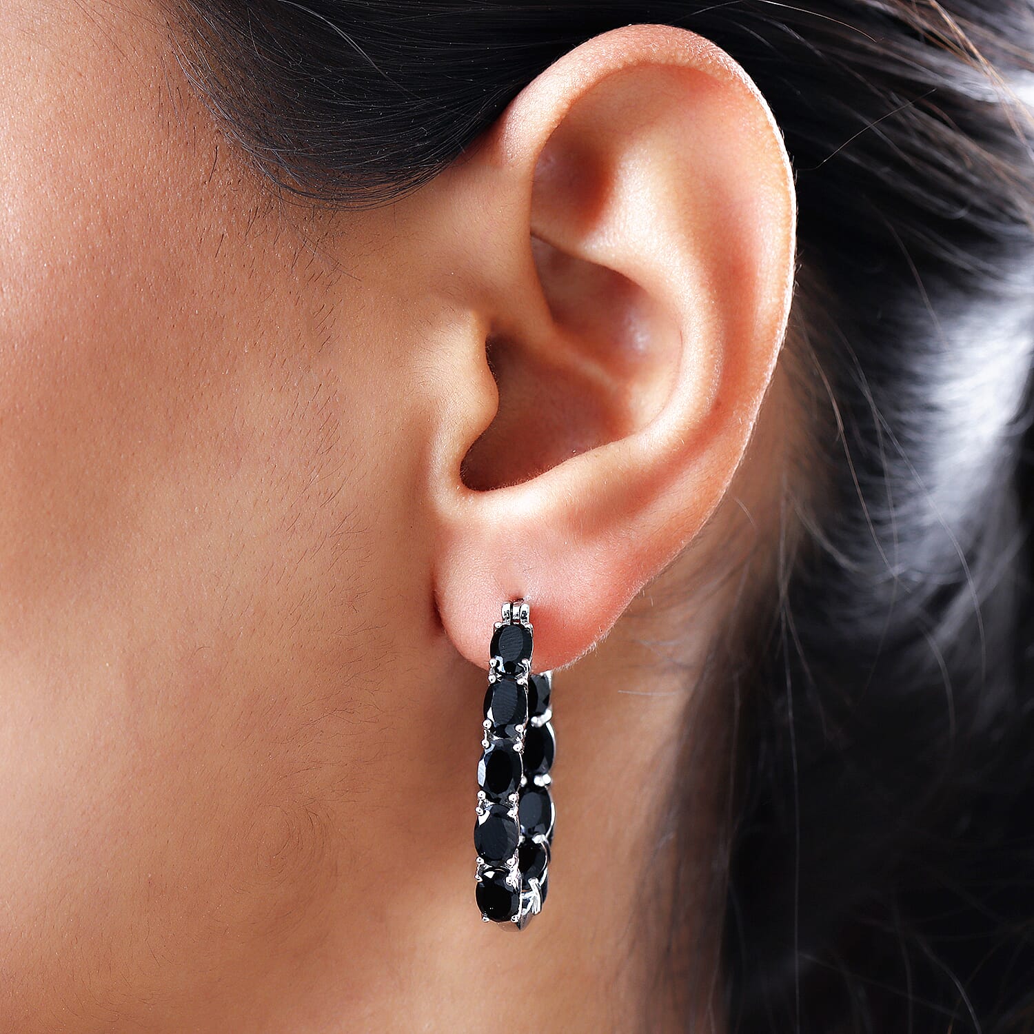 Black Spinel Hoop Earrings (with Clasp) in Platinum Overlay Sterling Silver 9.97 Ct, Silver Wt 7.00 Gms.