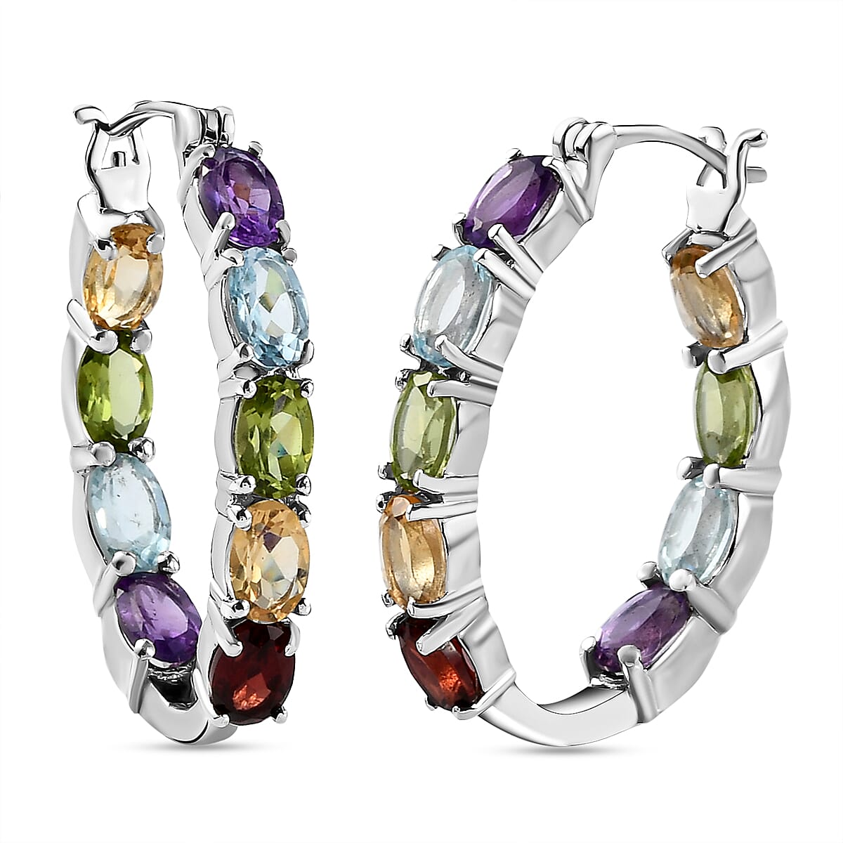 Amethyst and Multi Gemstones Hoop Earrings in Sterling Silver 9.11 Ct, Silver Wt 7.29 Gms.