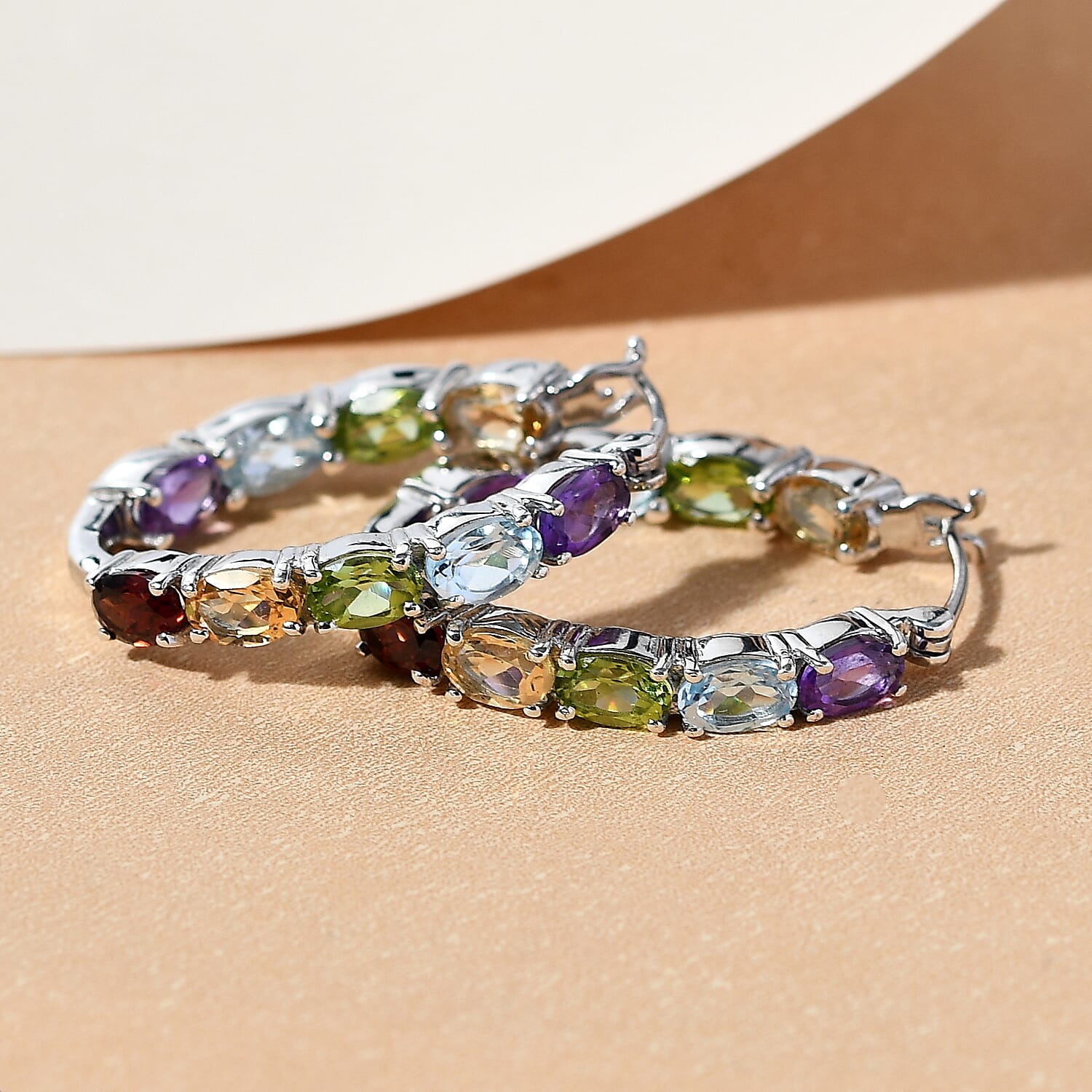 Amethyst and Multi Gemstones Hoop Earrings in Sterling Silver 9.11 Ct, Silver Wt 7.29 Gms.