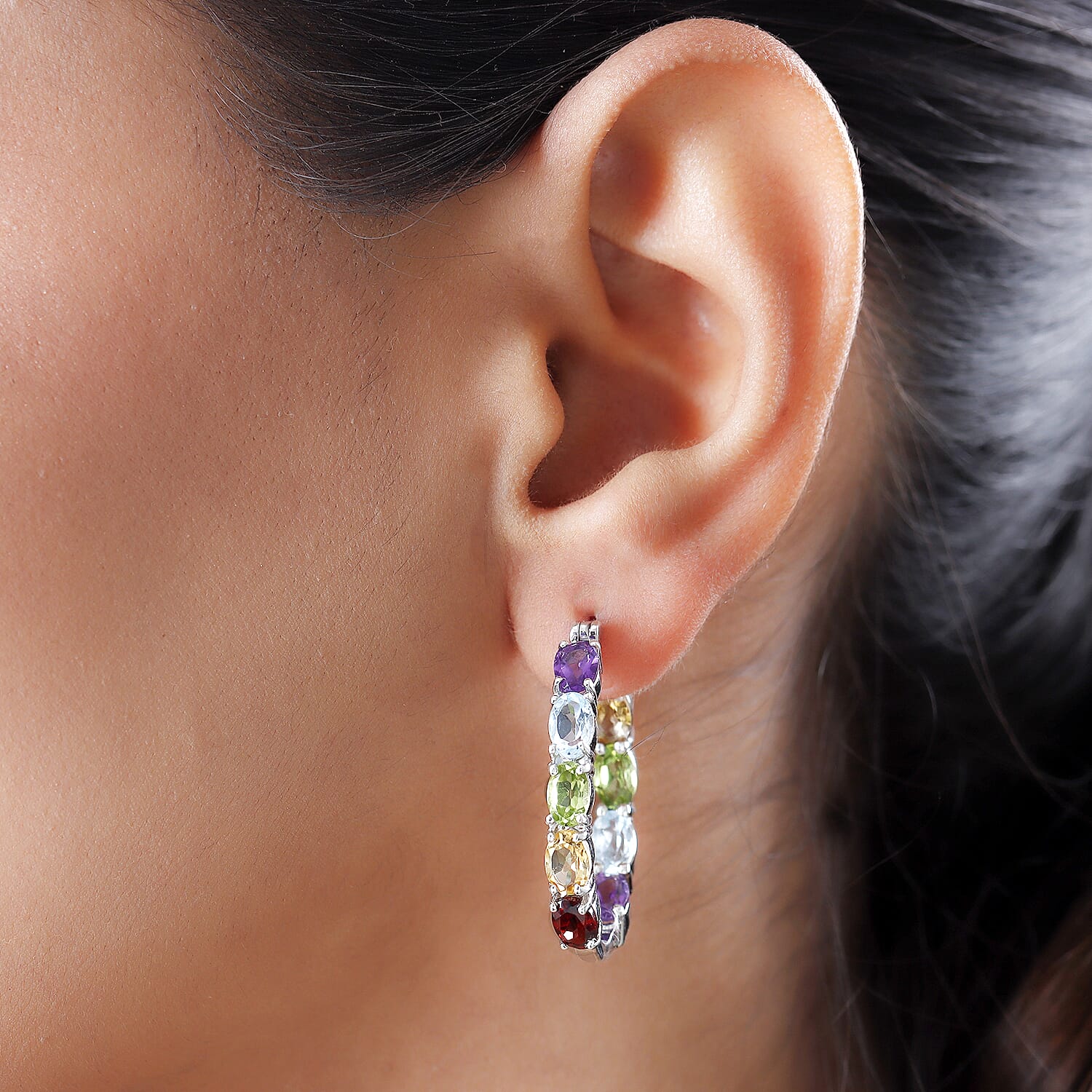 Amethyst and Multi Gemstones Hoop Earrings in Sterling Silver 9.11 Ct, Silver Wt 7.29 Gms.