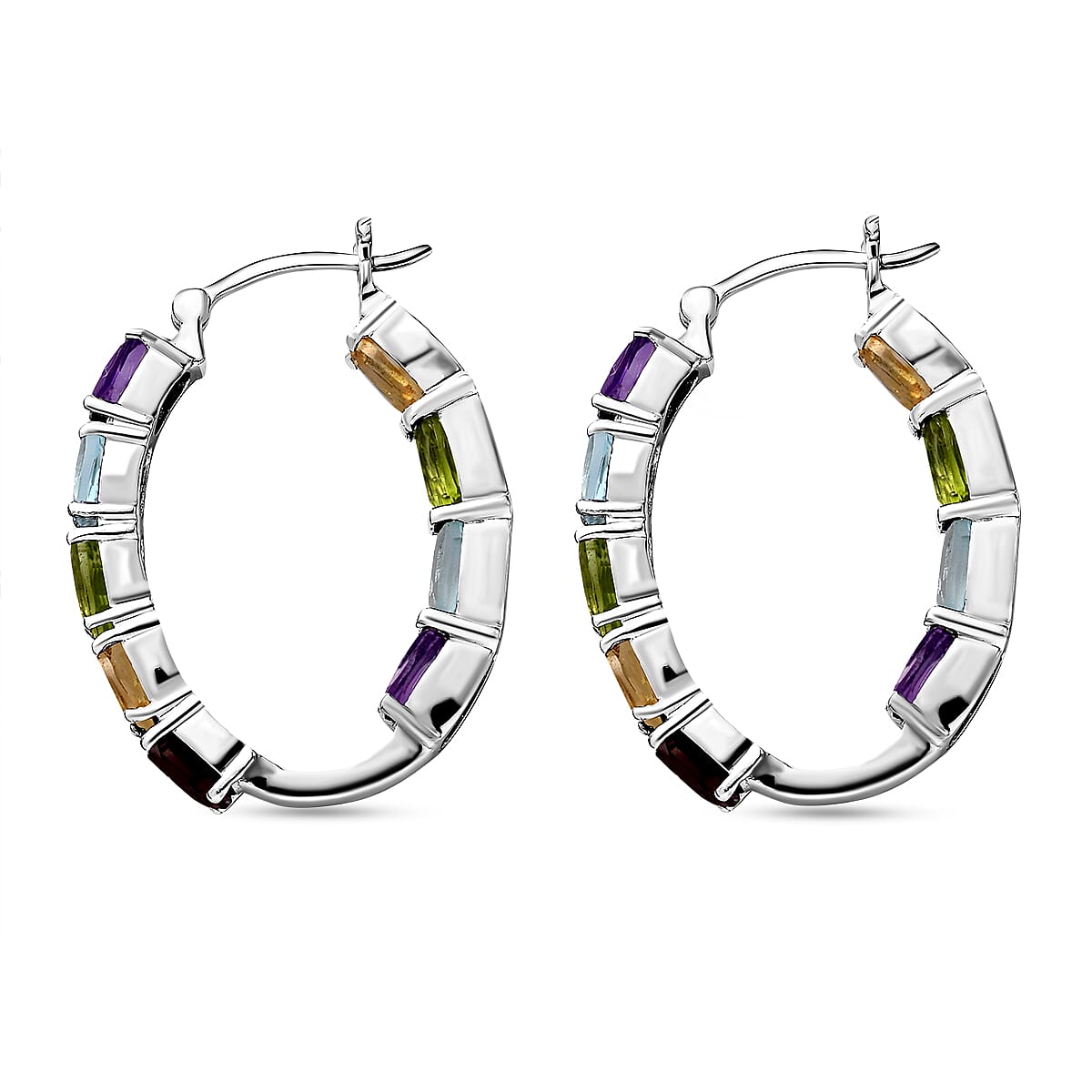 Amethyst and Multi Gemstones Hoop Earrings in Sterling Silver 9.11 Ct, Silver Wt 7.29 Gms.