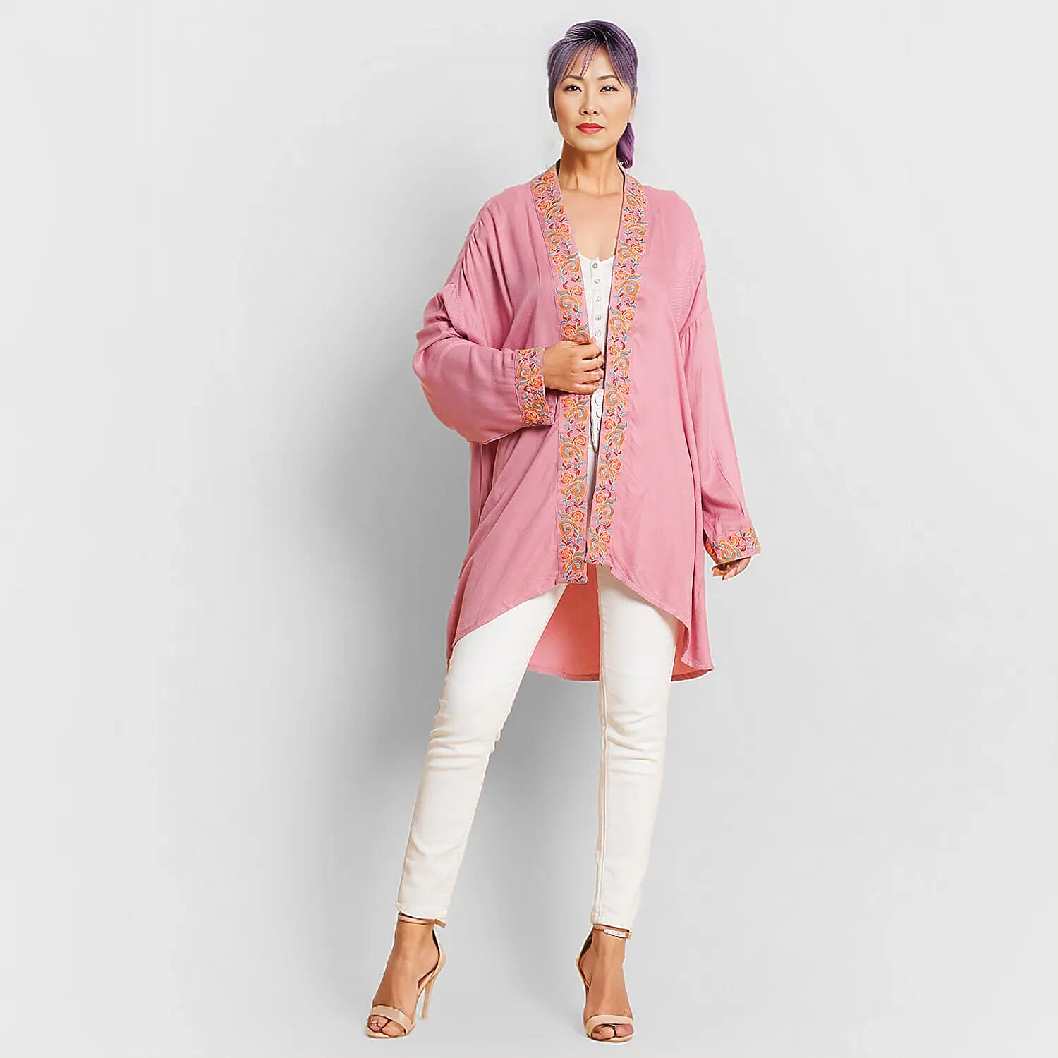 TAMSY 100% Viscose Twill Short Kimono (One Size, 8-18) - Light Pink