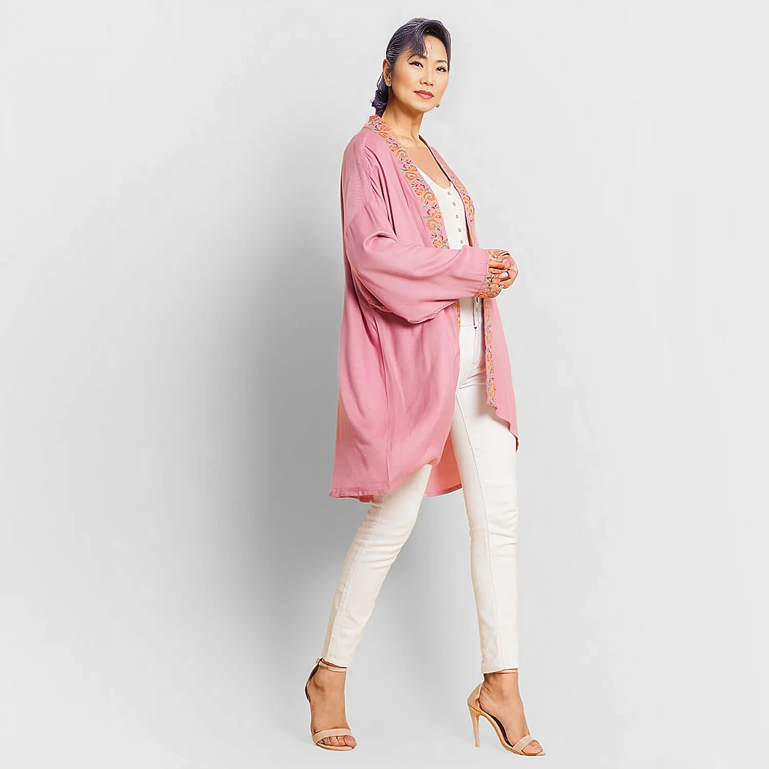 TAMSY 100% Viscose Twill Short Kimono (One Size, 8-18) - Light Pink