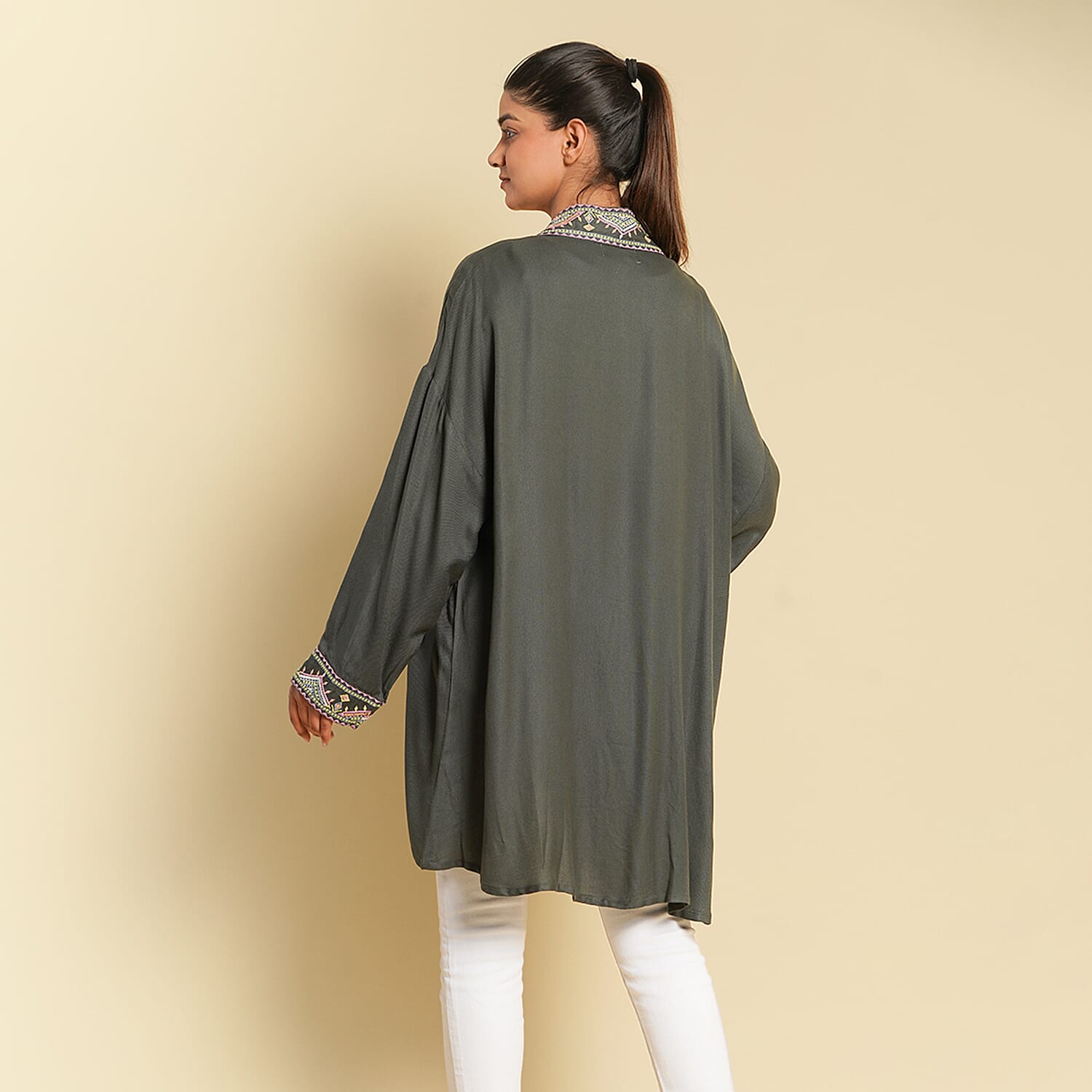 TAMSY 100% Viscose Twill Short Kimono (Curve Size 20-26) - Olive