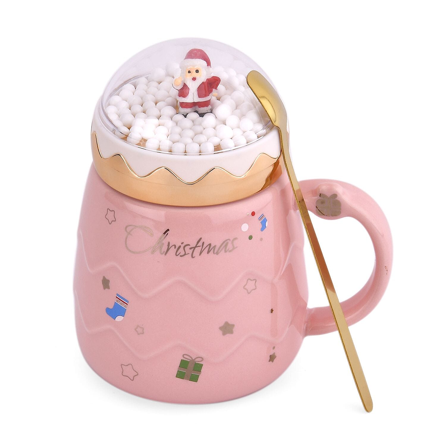 Christmas Ceramic Coffee Mug with Metal Spoon (470ml) - Pink