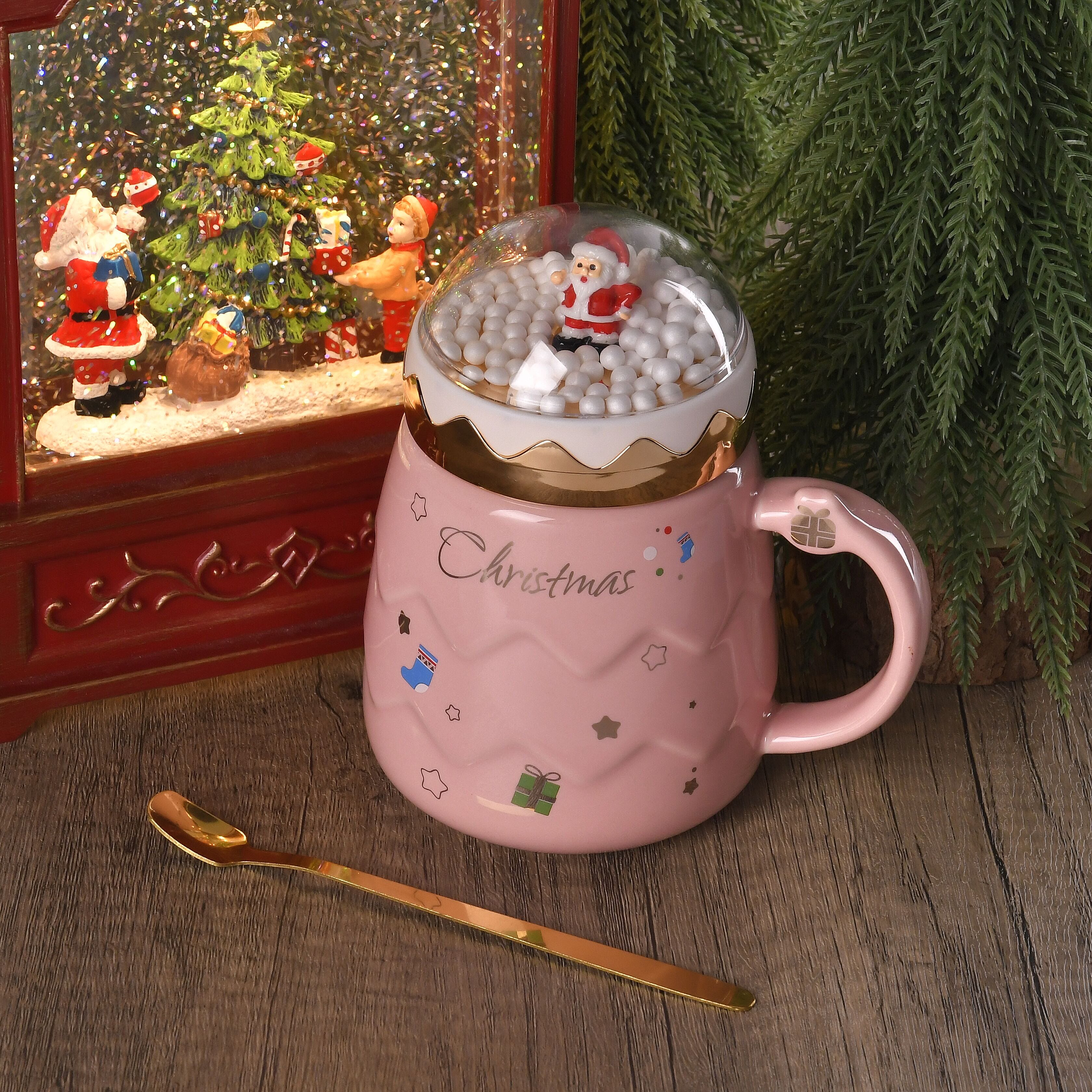Christmas Ceramic Coffee Mug with Metal Spoon (470ml) - Pink
