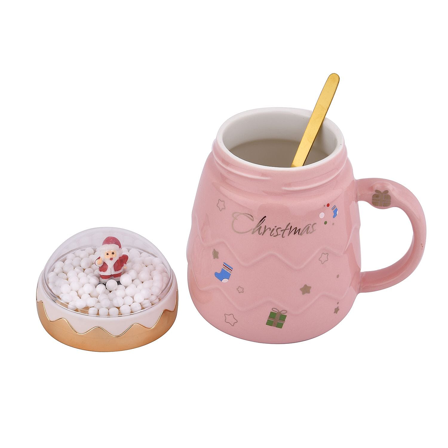 Christmas Ceramic Coffee Mug with Metal Spoon (470ml) - Pink