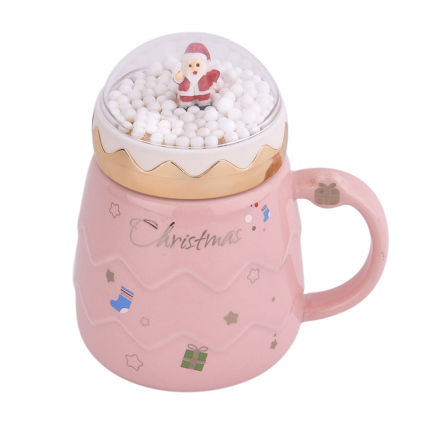Christmas Ceramic Coffee Mug with Metal Spoon (470ml) - Pink