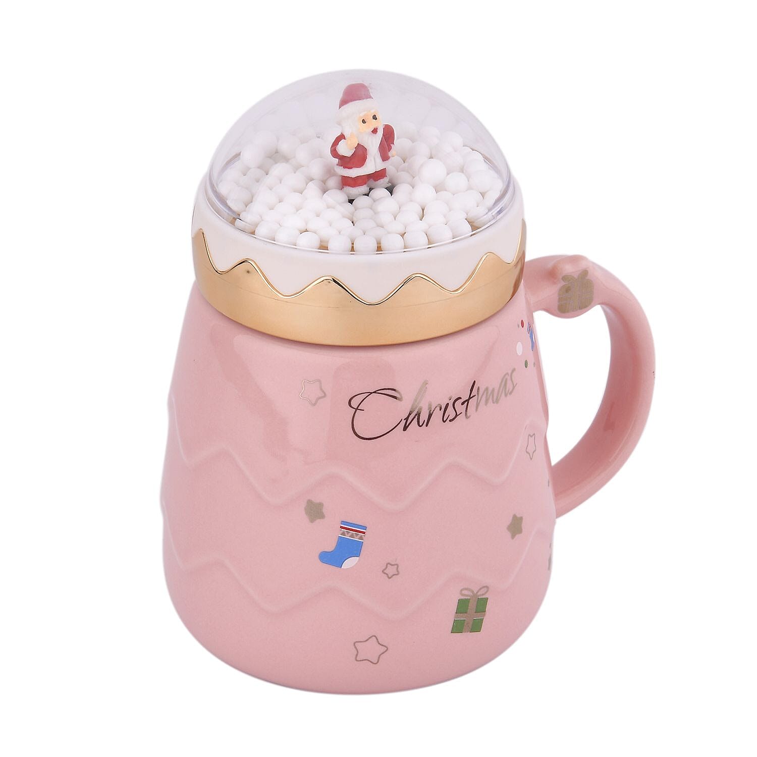 Christmas Ceramic Coffee Mug with Metal Spoon (470ml) - Pink