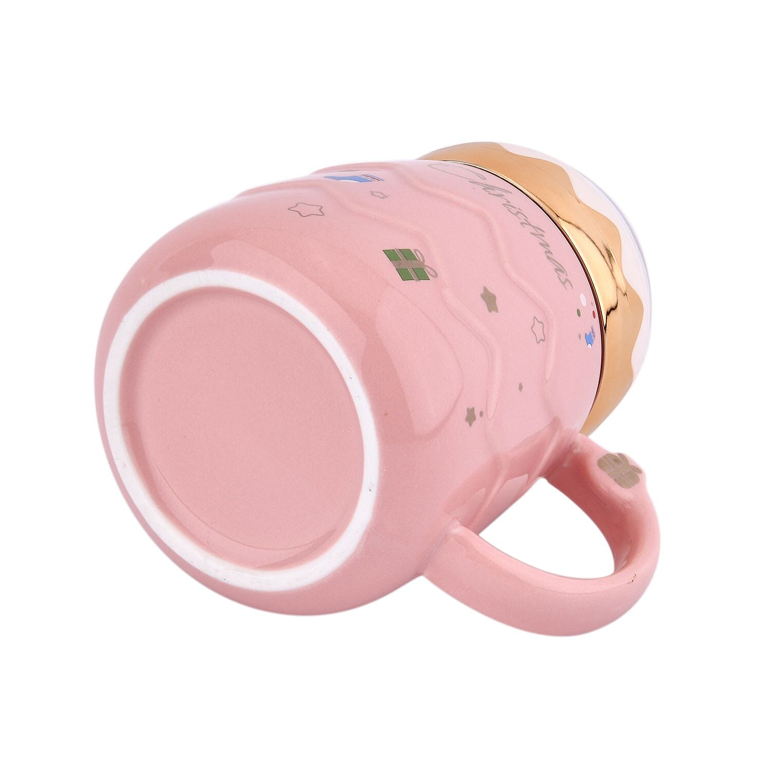 Christmas Ceramic Coffee Mug with Metal Spoon (470ml) - Pink