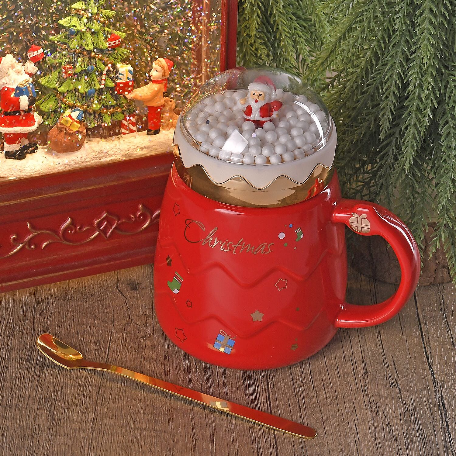 Christmas Ceramic Coffee Mug with Metal Spoon (470ml) - Red