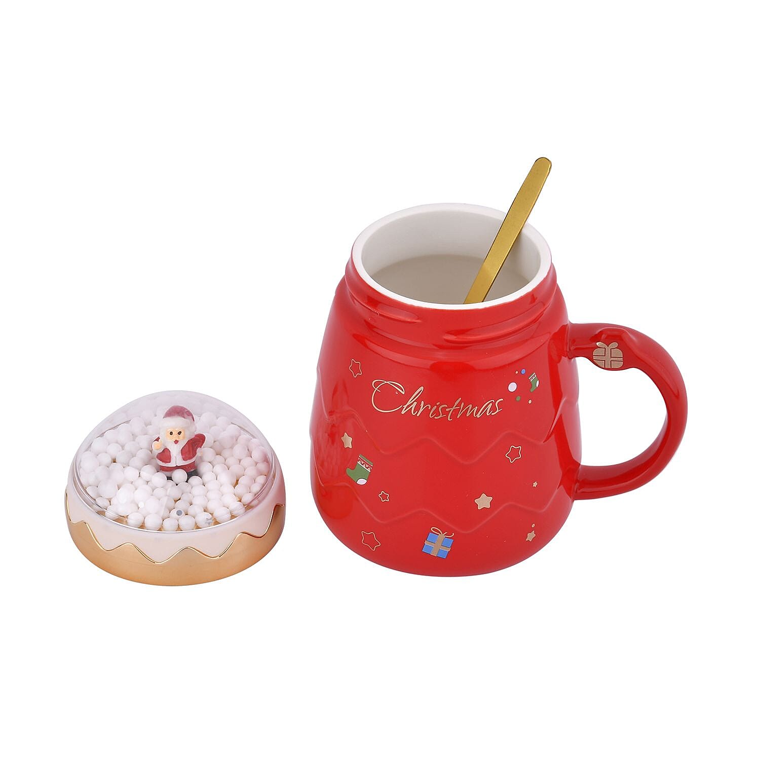 Christmas Ceramic Coffee Mug with Metal Spoon (470ml) - Red
